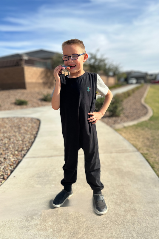 Adaptive Romper with Chewy Holder in Black