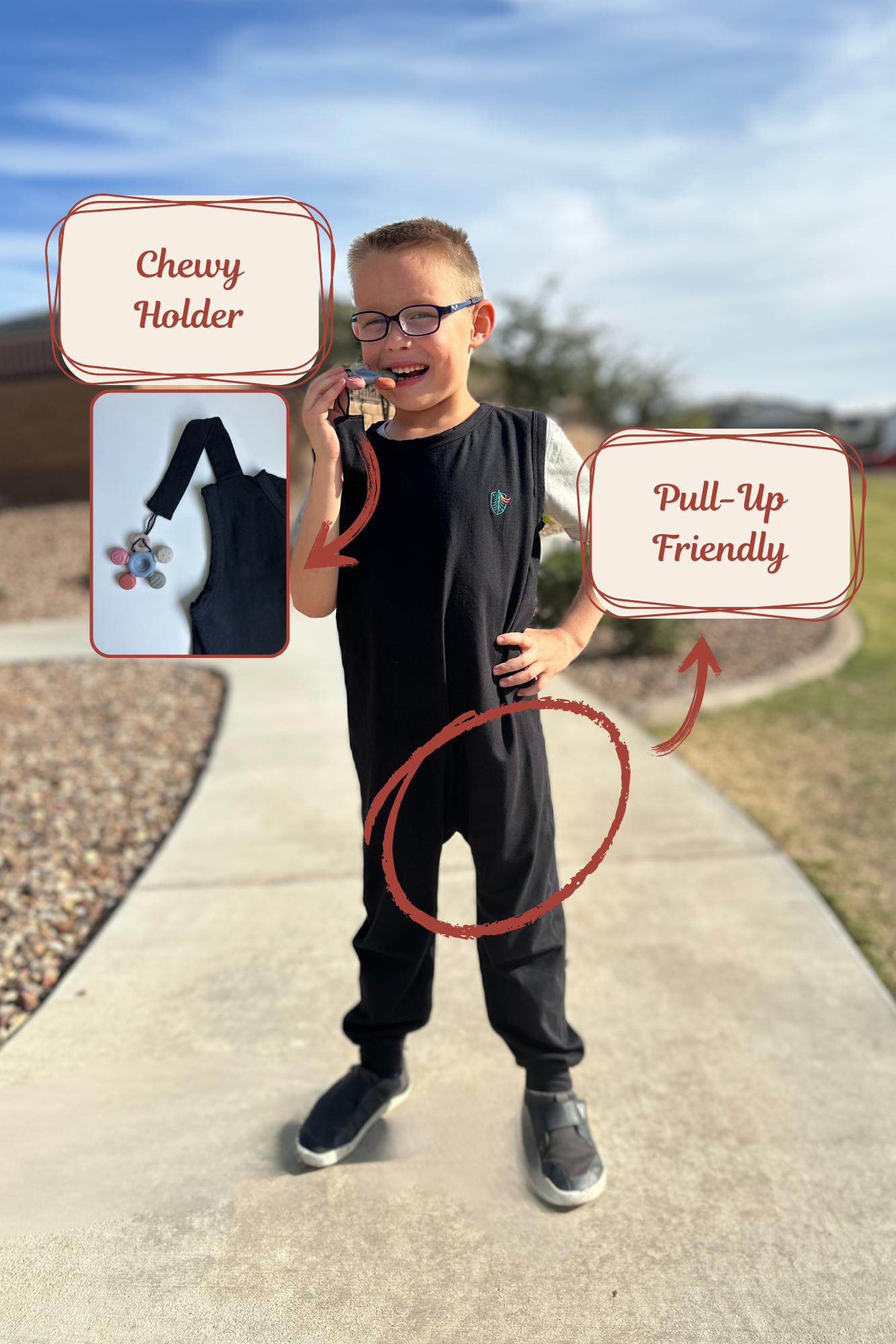 Adaptive Romper with Chewy Holder in Black